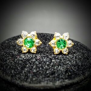 Floral Clear&Green Lab CZs Stud Pierced Goldtone Post Butterfly Back Earring Set